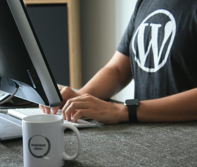 A WordPress developer wearing a WordPress branded t-shirt
