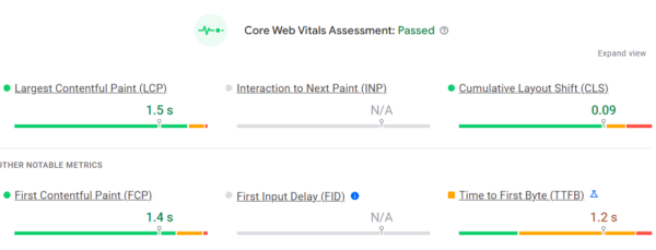 Core web vitals image from PSI – Aug 24 Core web vitals measurement in page speed insights