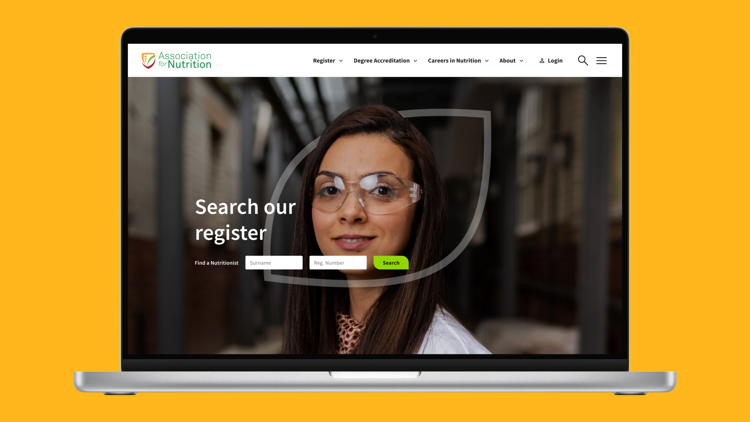 Association for Nutrition homepage on desktop