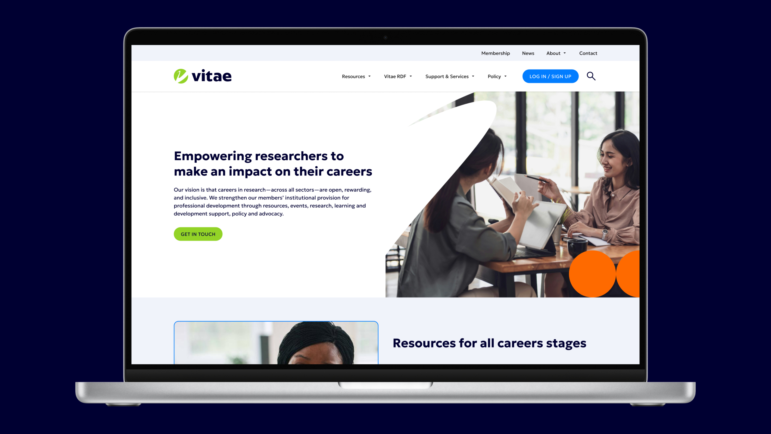 Vitae website homepage on desktop