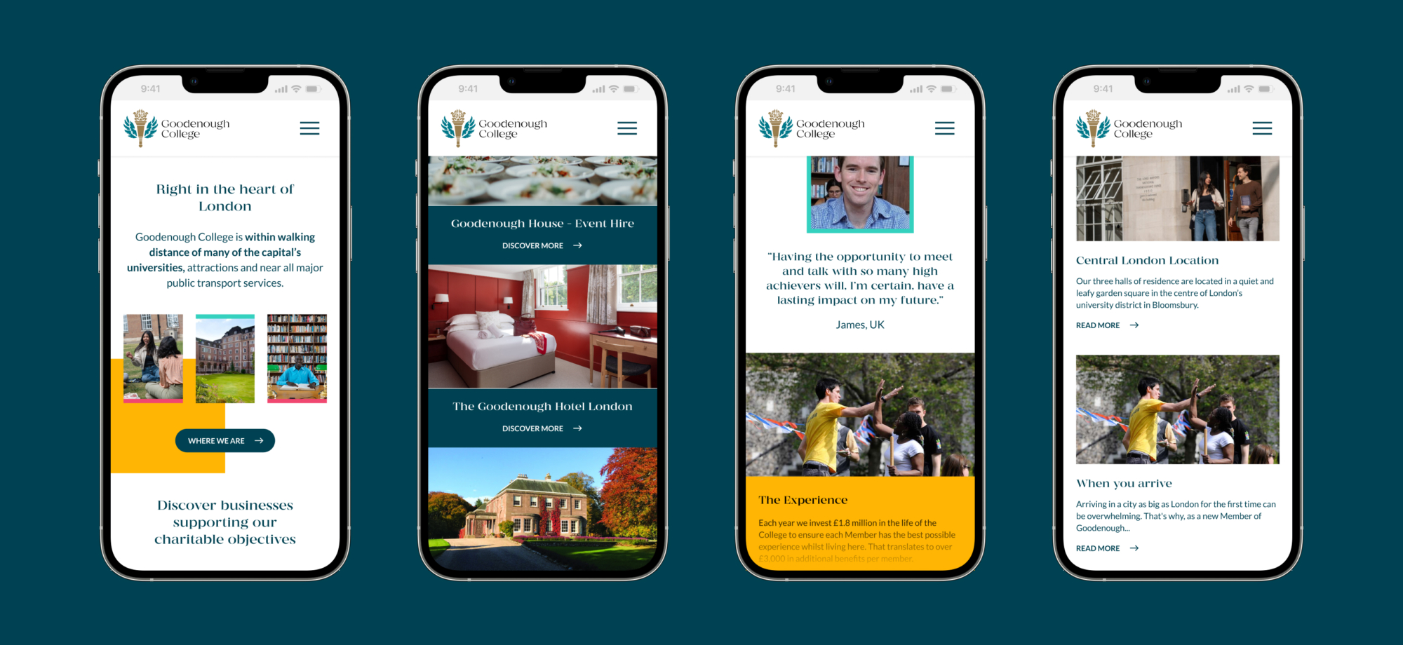 Goodenough College website on mobile carousel